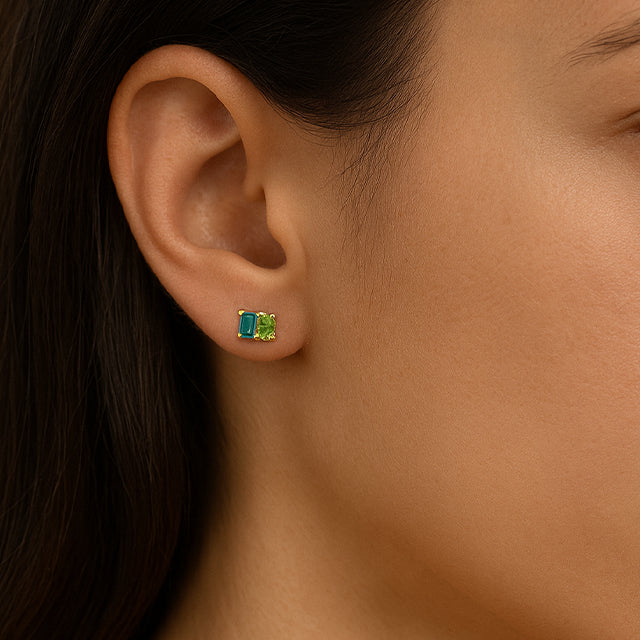 14K Yellow Natural London Blue Topaz & Natural Peridot Two-Stone Stud Earrings