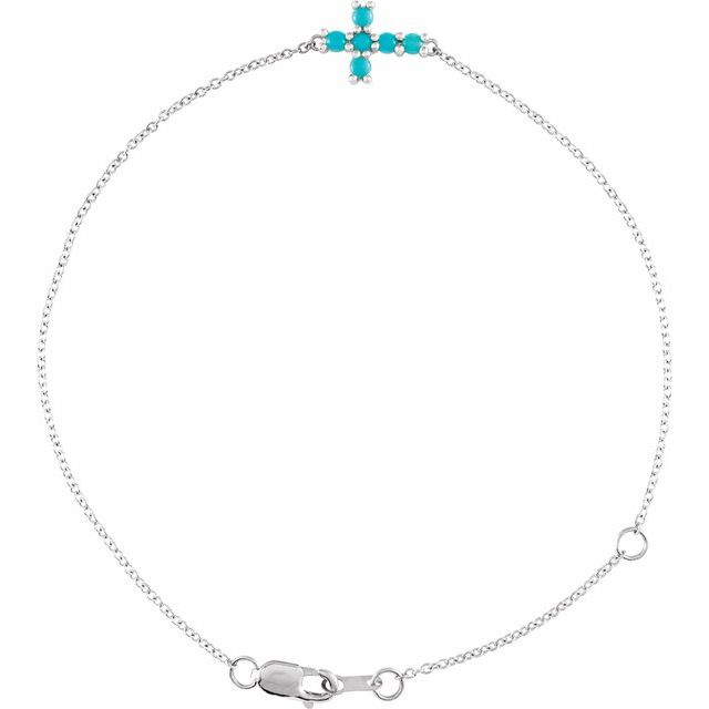 Sterling Silver Natural Turquoise Sideways Cross 6 1/2-7 1/2' Bracelet