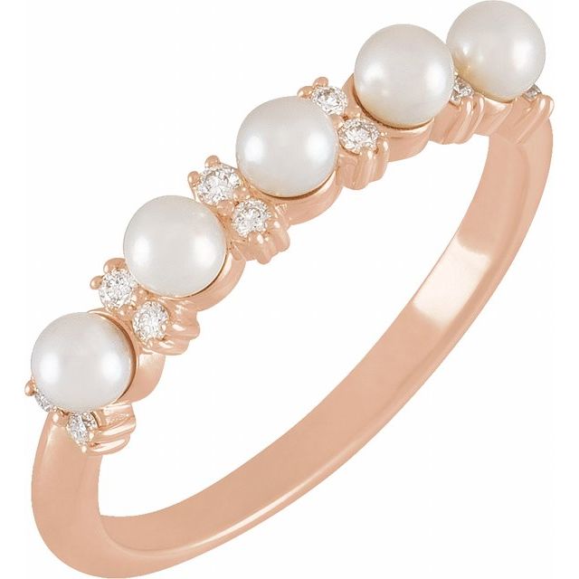14K Rose Cultured White Seed Pearl & 1/10 CTW Natural Diamond Anniversary Band