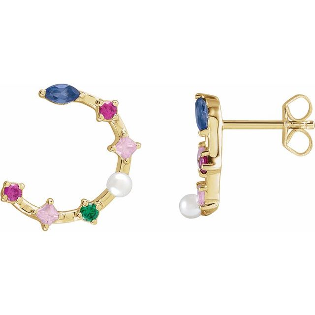 14K Yellow Cultured White Freshwater Pearl & Natural Multi-Gemstone Earrings