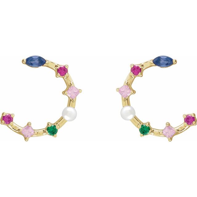 14K Yellow Cultured White Freshwater Pearl & Natural Multi-Gemstone Earrings