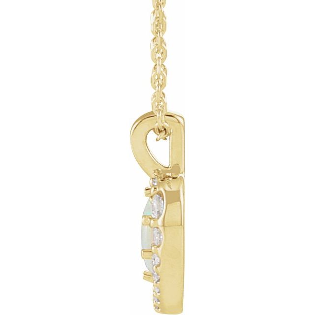 14K Yellow Natural White Opal Cabochon  & 1/8 CTW Natural Diamond 16-18' Necklace
