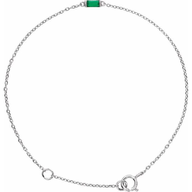 14K White Straight Baguette Natural Emerald 6 1/2-7 1/2' Bracelet