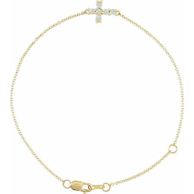 14K Yellow Natural White Opal Sideways Cross 6 1/2-7 1/2' Bracelet