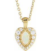 14K Yellow Natural White Opal Cabochon  & 1/8 CTW Natural Diamond 16-18' Necklace