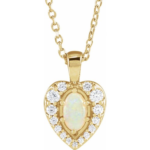 14K Yellow Natural White Opal Cabochon  & 1/8 CTW Natural Diamond 16-18' Necklace
