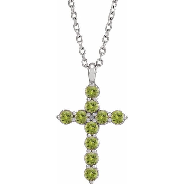 14K White Natural Peridot Cross 16-18' Necklace