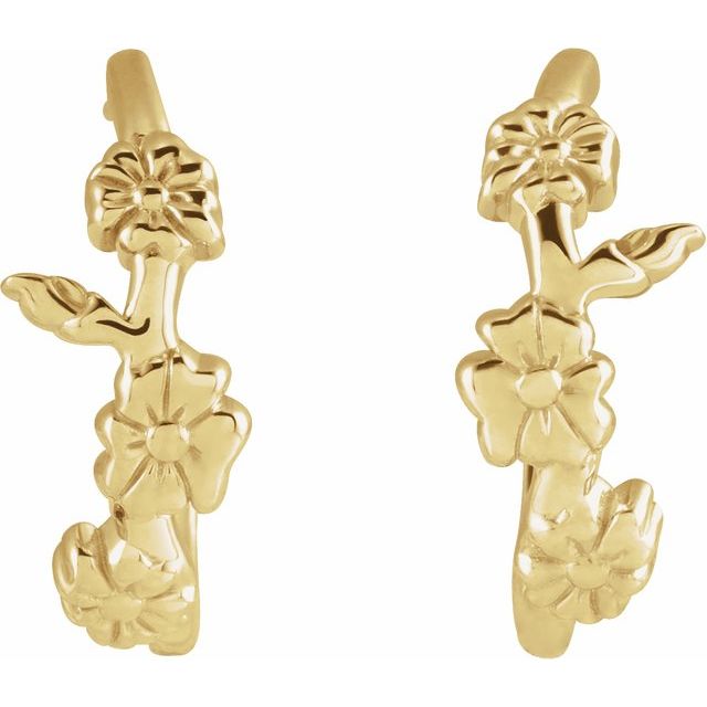 14K Yellow Floral Hoop Earrings
