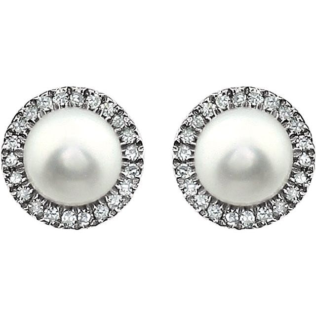 14K White Cultured White Freshwater Pearl & 1/8 CTW Natural Diamond Earrings