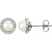 14K White Cultured White Freshwater Pearl & 1/8 CTW Natural Diamond Earrings