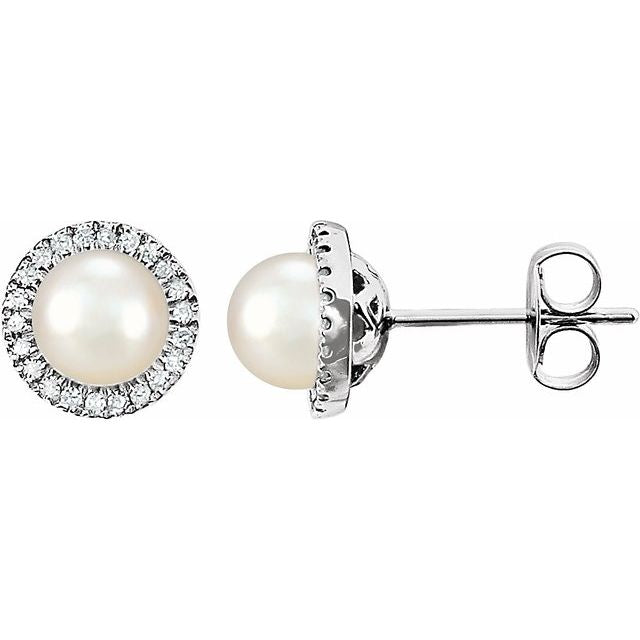 14K White Cultured White Freshwater Pearl & 1/8 CTW Natural Diamond Earrings