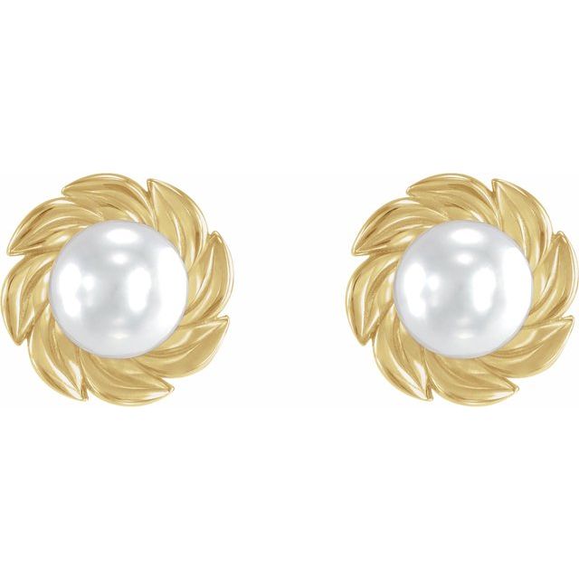 14K Yellow Cultured White Akoya Pearl Leaf Earrings