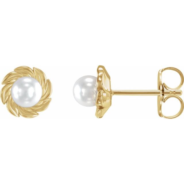 14K Yellow Cultured White Akoya Pearl Leaf Earrings