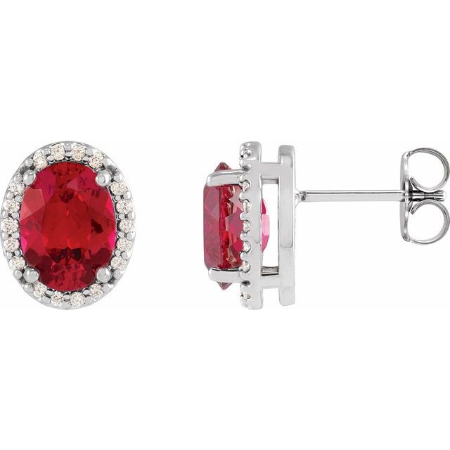 14K White 5x3 mm Lab-Grown Ruby & .04 CTW Natural Diamond Halo-Style Earrings
