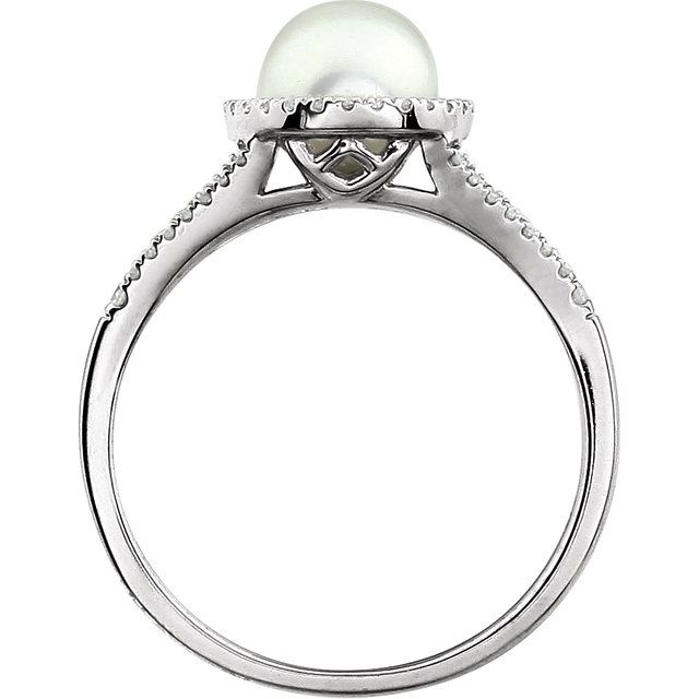 14K White Cultured White Freshwater Pearl & 1/6 CTW Natural Diamond Ring