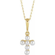 14K Yellow Cultured White Seed Pearl Youth Cross 16' Necklace