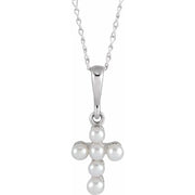 14K White Cultured White Seed Pearl Youth Cross 16' Necklace