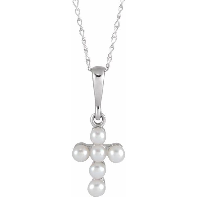 14K White Cultured White Seed Pearl Youth Cross 16' Necklace