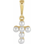 14k Yellow Cultured White Seed Pearl Youth Cross Pendant