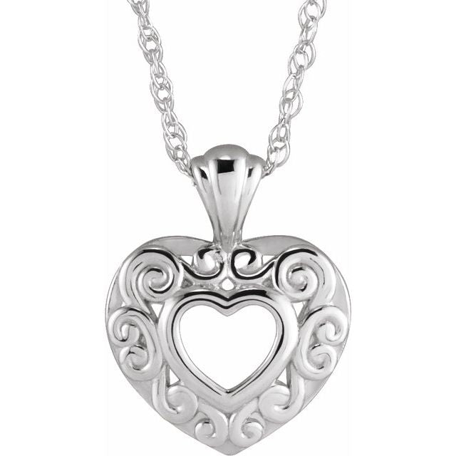 14K White 12.9x10.1 mm Pierced Heart 14' Necklace
