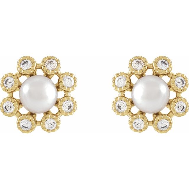 14K Yellow Cultured White Freshwater Pearl & 1/8 CTW Natural Diamond Earrings