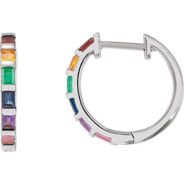 14k White Natural Multi-gemstone Rainbow Hoop Earrings