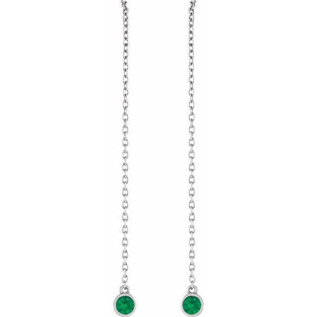 14K White Natural Emerald Chain Earrings