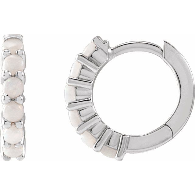 14k White Natural White Opal 12.21 Mm Huggie Hoop Earrings
