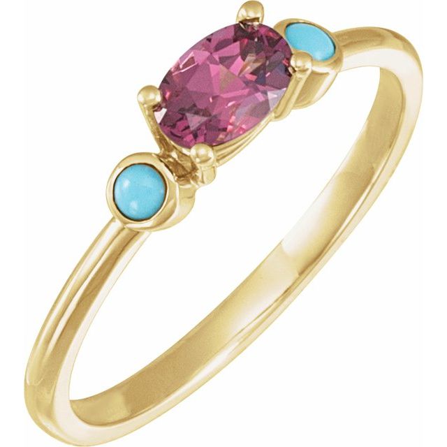 14K Yellow 6x4 mm Natural Rhodolite Garnet & Natural Turquoise Ring