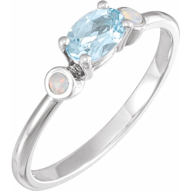 14K White 6x4 mm Natural Sky Blue Topaz & Natural White Opal Ring