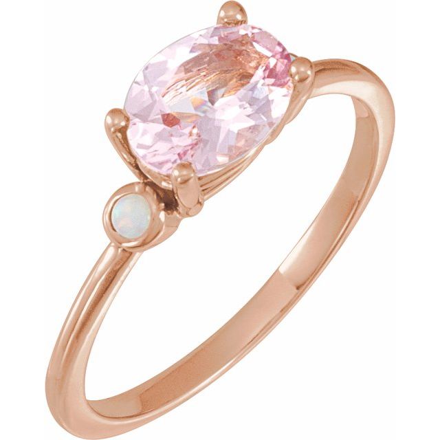 14K Rose 8x6 mm Natural Pink Morganite & Natural White Opal Ring