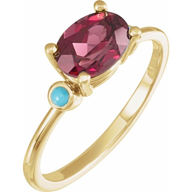 14K Yellow 8x6 mm Natural Rhodolite Garnet & Natural Turquoise Ring
