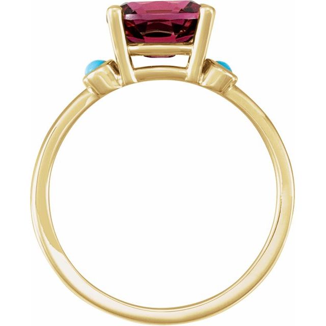 14K Yellow 8x6 mm Natural Rhodolite Garnet & Natural Turquoise Ring