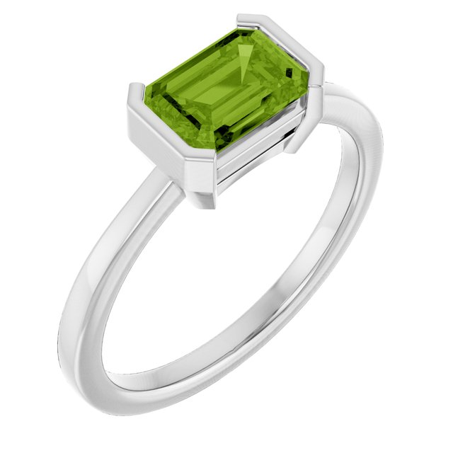 14K White Natural Peridot Ring