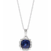 14k White Lab-grown Blue Sapphire & .04 Ctw Natural Diamond 18' Necklace