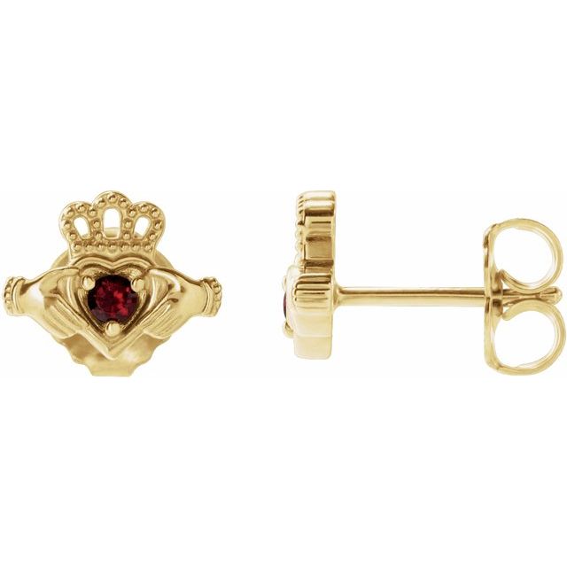 14K Yellow Natural Mozambique Garnet Claddagh Earrings