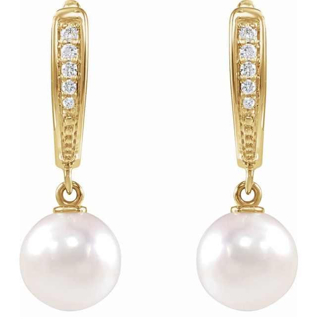14K Yellow Cultured White Akoya Pearl & .03 CTW Natural Diamond Earrings