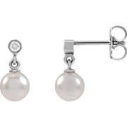14K White Cultured White Akoya Pearl & .06 CTW Natural Diamond Earrings