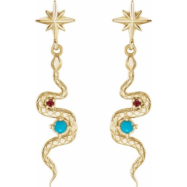14K Yellow Natural Turquoise & Natural Ruby Snake Earrings