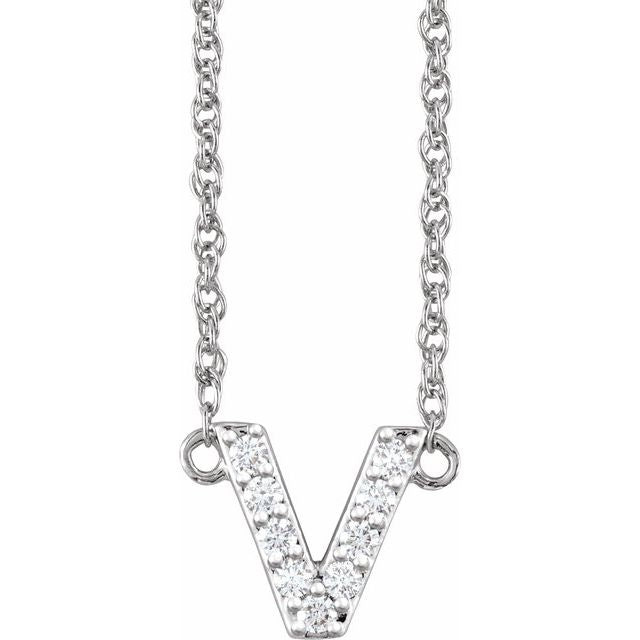 14K White 1/10 CTW Natural Diamond Lowercase Initial V 16' Necklace