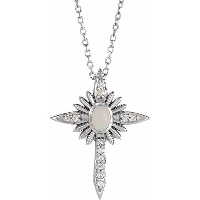 Sterling Silver Natural White Opal & .06 CTW Natural Diamond Nativity Cross 16-18' Necklace