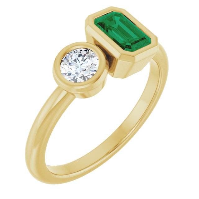 14k Yellow Lab-grown Emerald & 1/4 Ctw Lab-grown Diamond Ring
