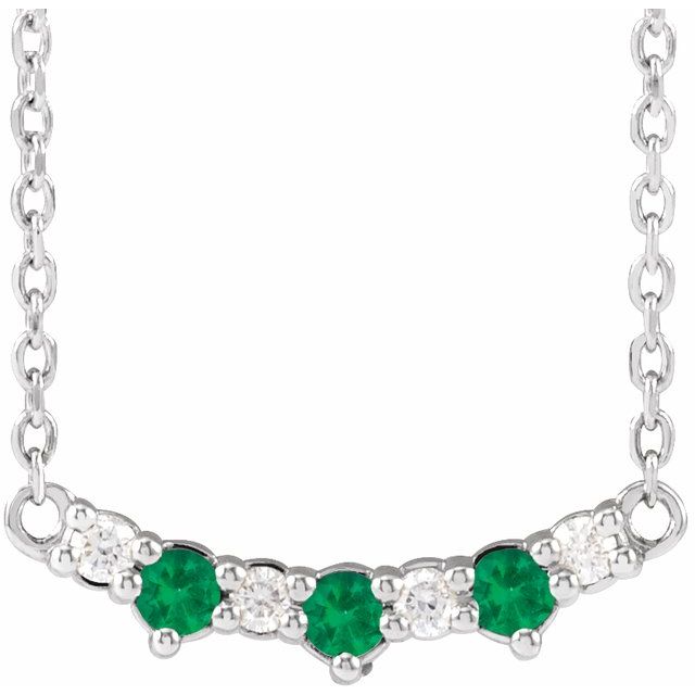 Platinum Lab-grown Emerald & .05 Ctw Natural Diamond Three-stone Bar 18' Necklace