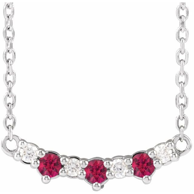 Platinum Lab-grown Ruby & .05 Ctw Natural Diamond Three-stone Bar 18' Necklace