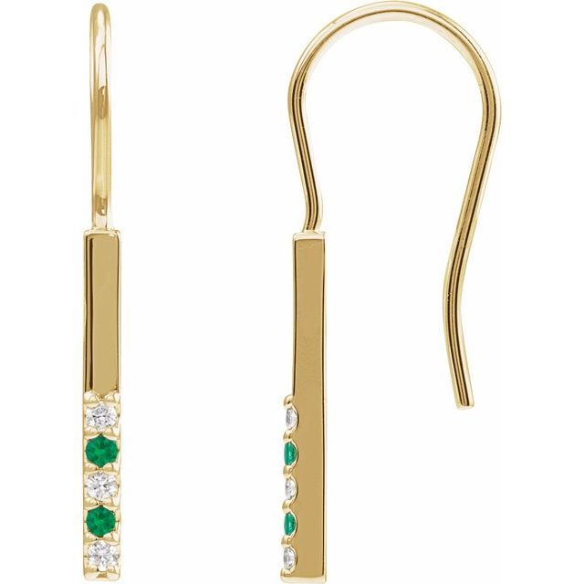 14K Yellow Natural Emerald & .08 CTW Natural Diamond Bar Earrings