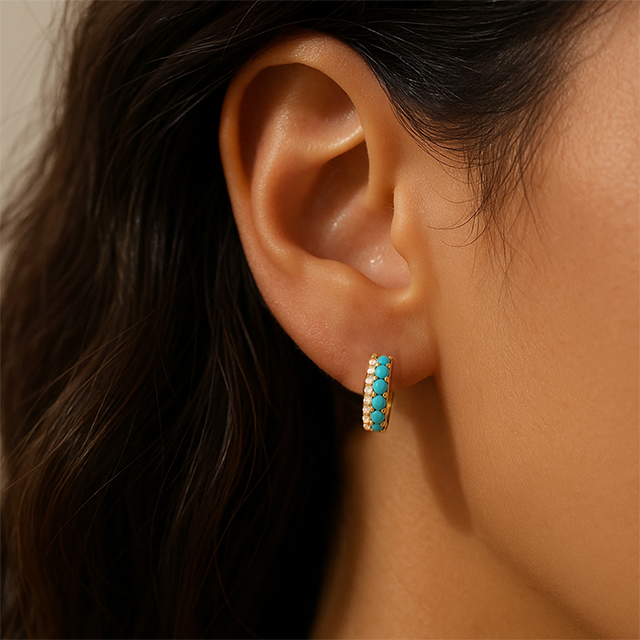 14K Yellow Natural Turquoise & 1/8 CTW Natural Diamond Huggie Hoop Earrings