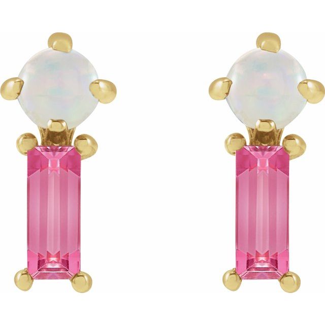 14K Yellow Natural White Opal & Natural Pink Tourmaline Earrings