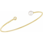 14K Yellow Cultured White Freshwater Pearl & .03 CT Natural Diamond Cuff 7' Bracelet