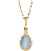 14k Yellow 6x4 Mm Natural Rainbow Moonstone & .015 Ct Natural Diamond 16-18' Necklace