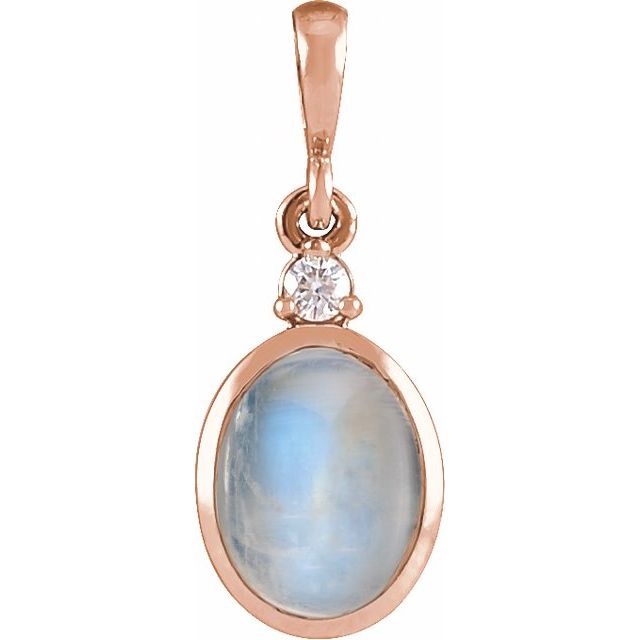 14K Rose 6x4 mm Natural Rainbow Moonstone & .015 CT Natural Diamond Pendant